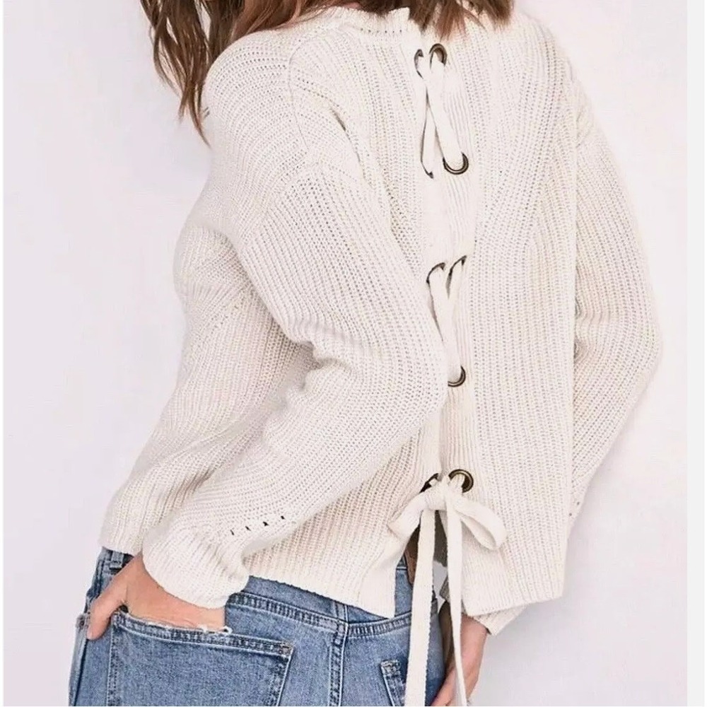 Lucky Brand Lace Back Tie‎ Knit Crewneck Sweater Sz Medium Bohemian Cottagecore